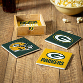 Green Bay Packers Ceramic Coasters Set, 4pcs with Wood Caddy - NFL