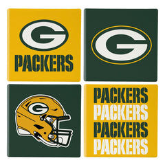 Green Bay Packers Ceramic Coasters Set, 4pcs with Wood Caddy - NFL