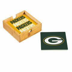 Green Bay Packers Ceramic Coasters Set, 4pcs with Wood Caddy - NFL