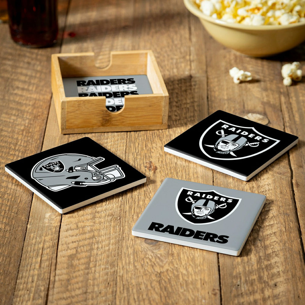 Las Vegas Raiders Ceramic Coasters Set, 4pcs with Wood Caddy - NFL