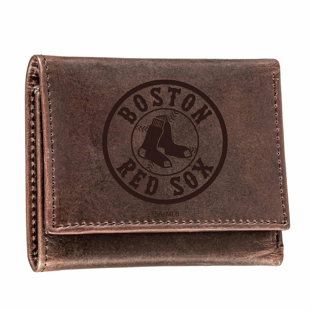 Boston Red Sox Tri-Fold Wallet Brown 100% Genuine Leather - MLB Home