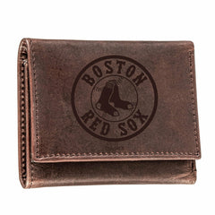 Boston Red Sox Tri-Fold Wallet Brown 100% Genuine Leather - MLB Home