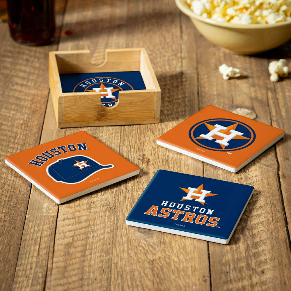 Houston Astros Ceramic Coasters Set, 4pcs with Wood Caddy - MLB Home