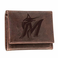 Miami Marlins Tri-Fold Wallet Brown 100% Genuine Leather - MLB Home