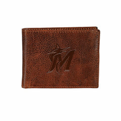 Miami Marlins, Embossed 100% Genuine Tumbled Leather Passcase Bi-Fold - MLB Home