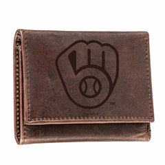 Milwaukee Brewers Tri-Fold Wallet Brown 100% Genuine Leather - MLB Home