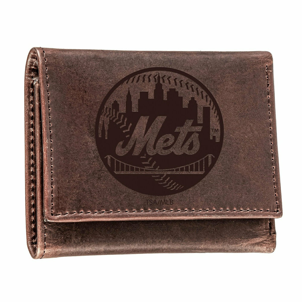 New York Mets Tri-Fold Wallet Brown 100% Genuine Leather - MLB Home