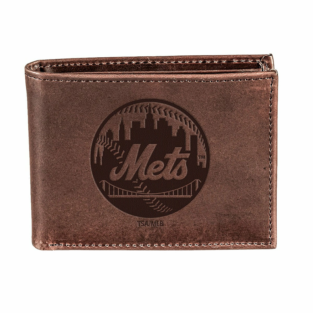 New York Mets Bi-Fold Wallet Brown 100% Genuine Leather - MLB Home