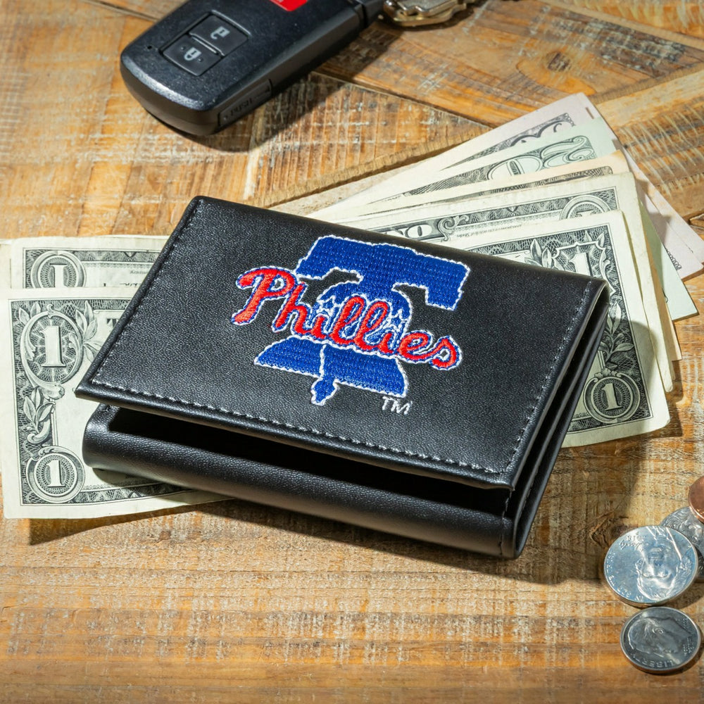 Philadelphia Phillies Black Tri-Fold Embroidered Wallet w/ RFID Blocking - MLB Home