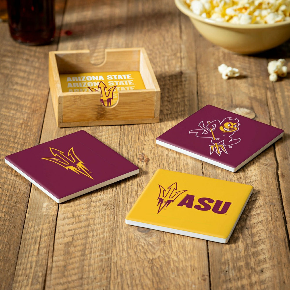 Arizona State University Ceramic Coasters Set, 4pcs with Wood Caddy - Collegiate Home