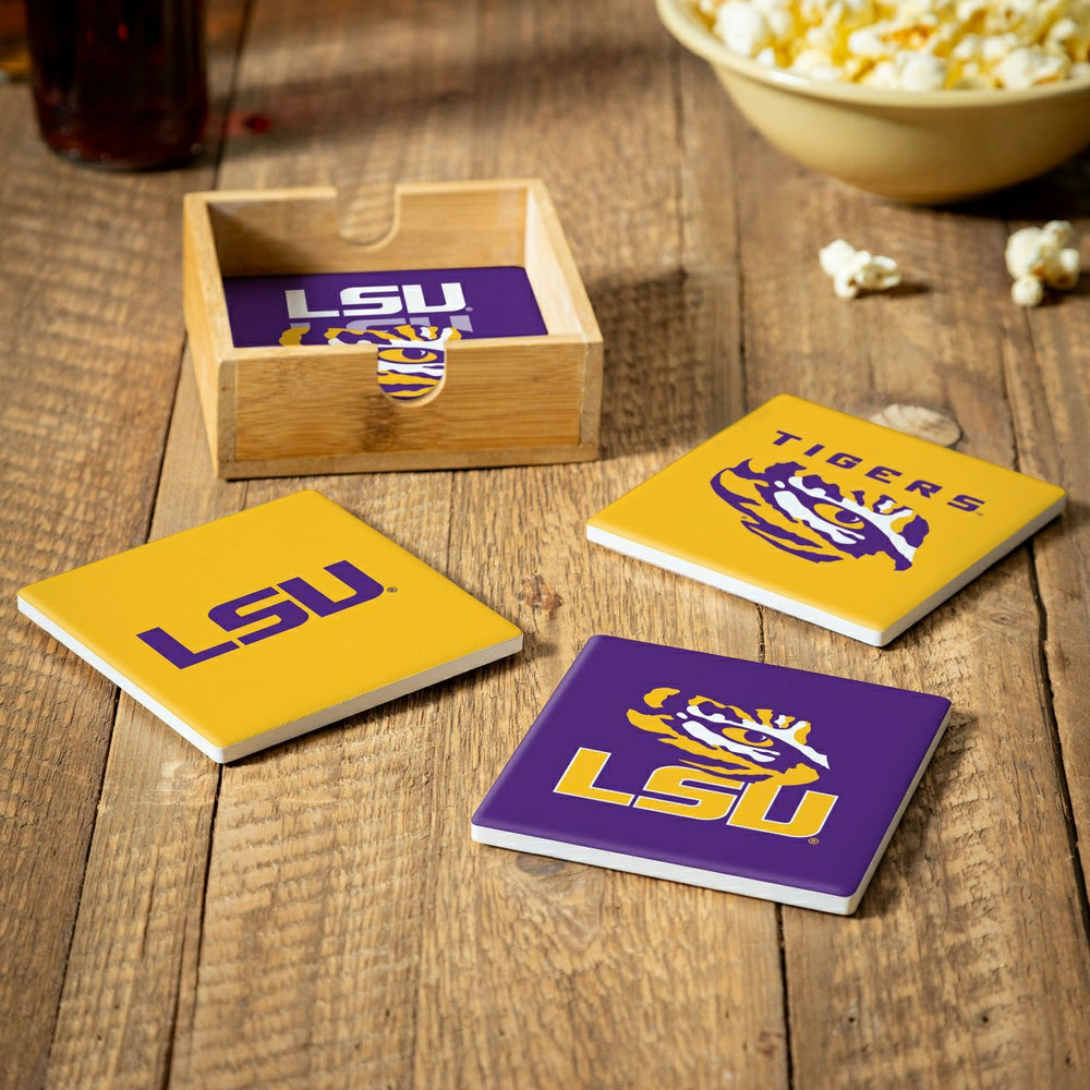 Louisiana State University Ceramic Coasters Set, 4pcs with Wood Caddy - Collegiate Home