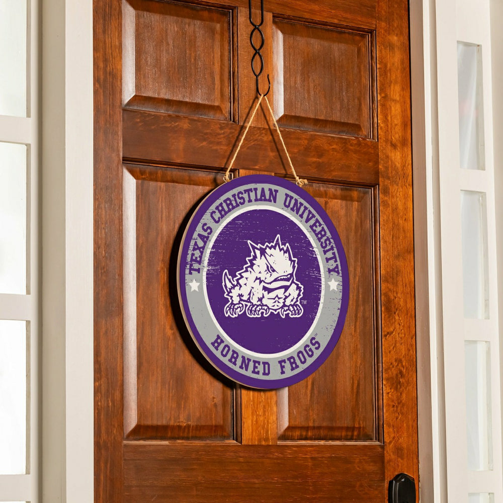 Texas Christian University Round Door Décor with Hanging Rope, 18x18 - Collegiate Home