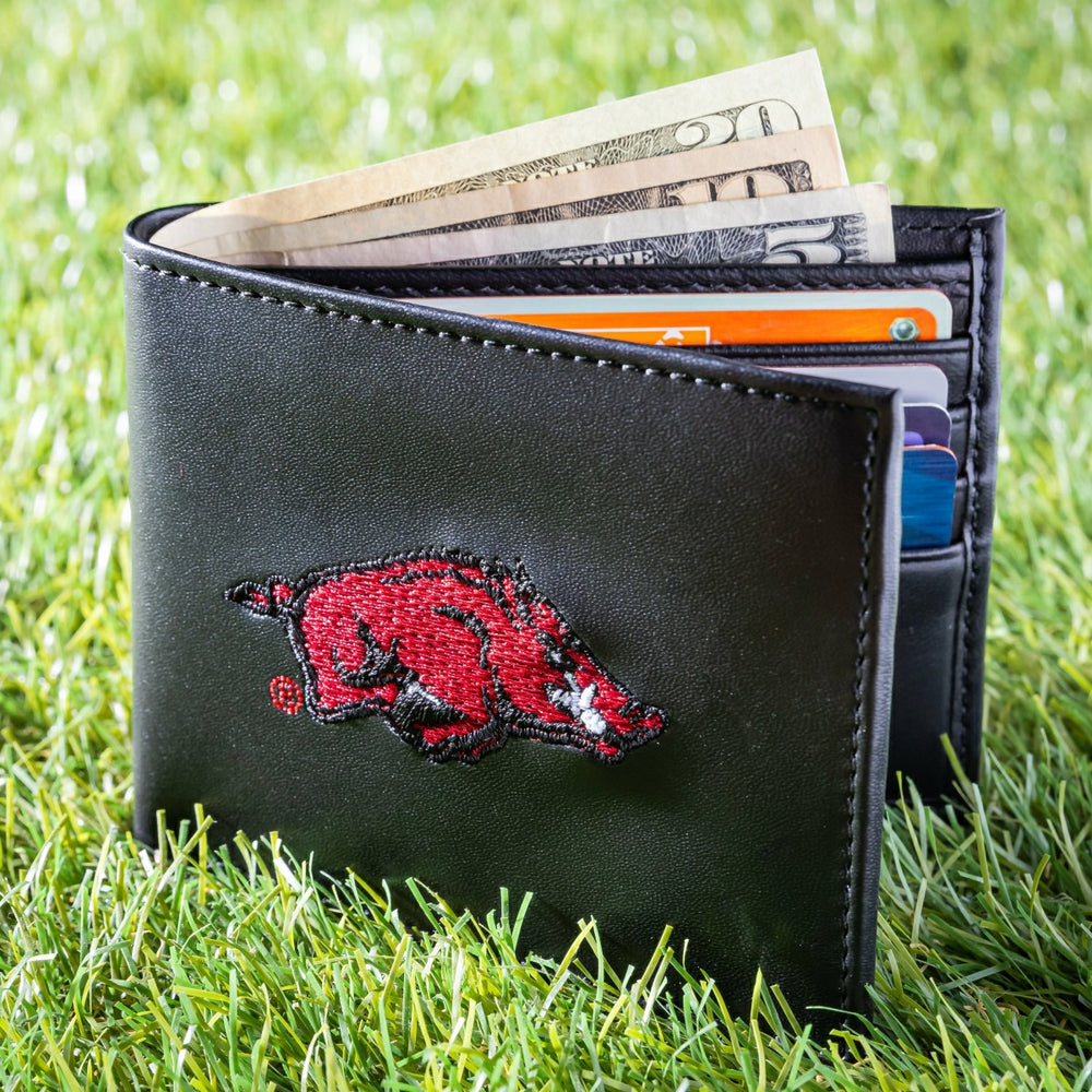 University of Arkansas Black Bi-Fold Embroidered Wallet w/ RFID Blocking - Collegiate Home