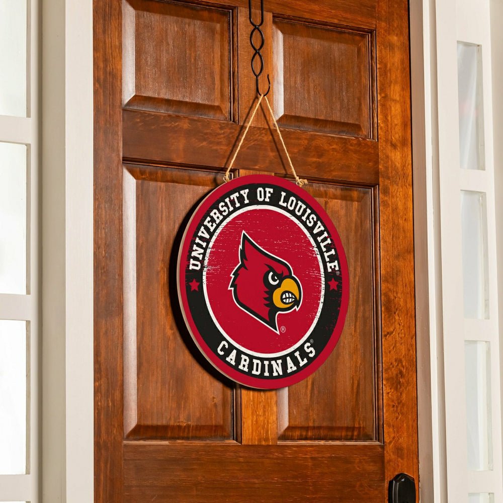University of Louisville Round Door Décor with Hanging Rope, 18x18 - Collegiate Home