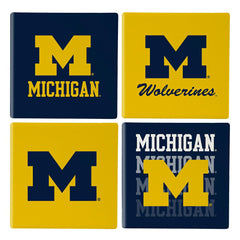 University Of Michigan Ceramic Coasters Set, 4pcs with Wood Caddy - Collegiate Home
