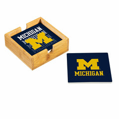University Of Michigan Ceramic Coasters Set, 4pcs with Wood Caddy - Collegiate Home