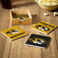 University of Missouri Ceramic Coasters Set, 4pcs with Wood Caddy - Collegiate Home