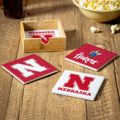 University of Nebraska Ceramic Coasters Set, 4pcs with Wood Caddy - Collegiate Home