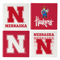 University of Nebraska Ceramic Coasters Set, 4pcs with Wood Caddy - Collegiate Home