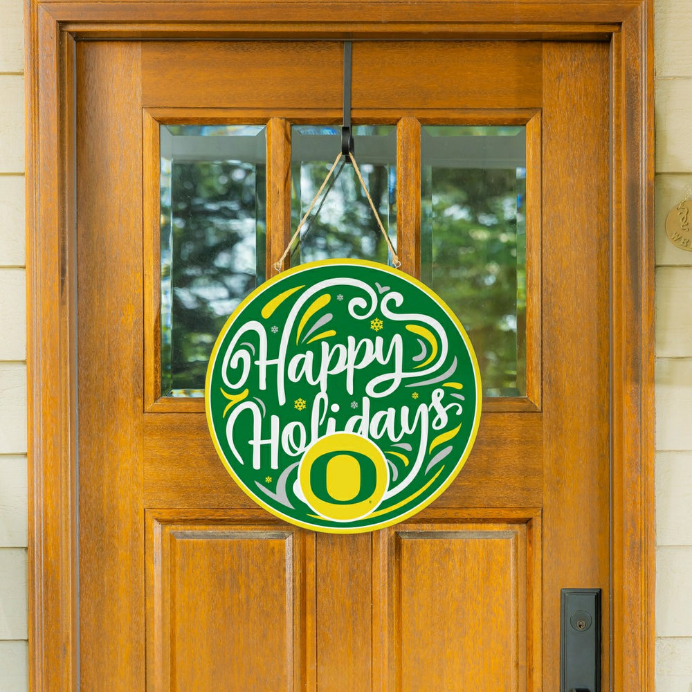 University of Oregon Holiday Round Door Décor with Hanging Rope, 18x18 - Collegiate Home