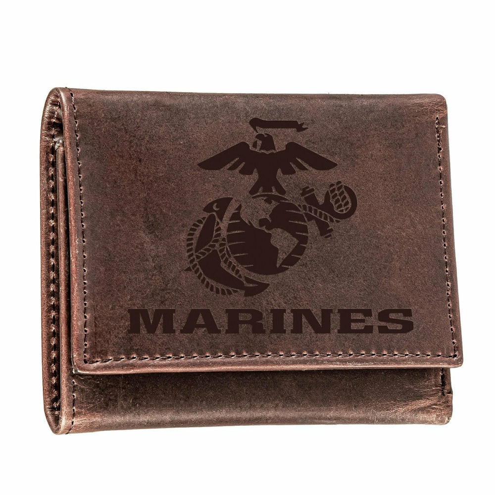 US Marine Corps Brown Tri-Fold Wallet, 100% Genuine Leather - US Military Home