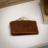 US Navy, Embossed 100% Genuine Tumbled Leather Passcase Bi-Fold Wallet - US Military Home