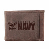 US Navy Brown Front Pocket Wallet with RFID Blocking, 100% Genuine Lea - US Military