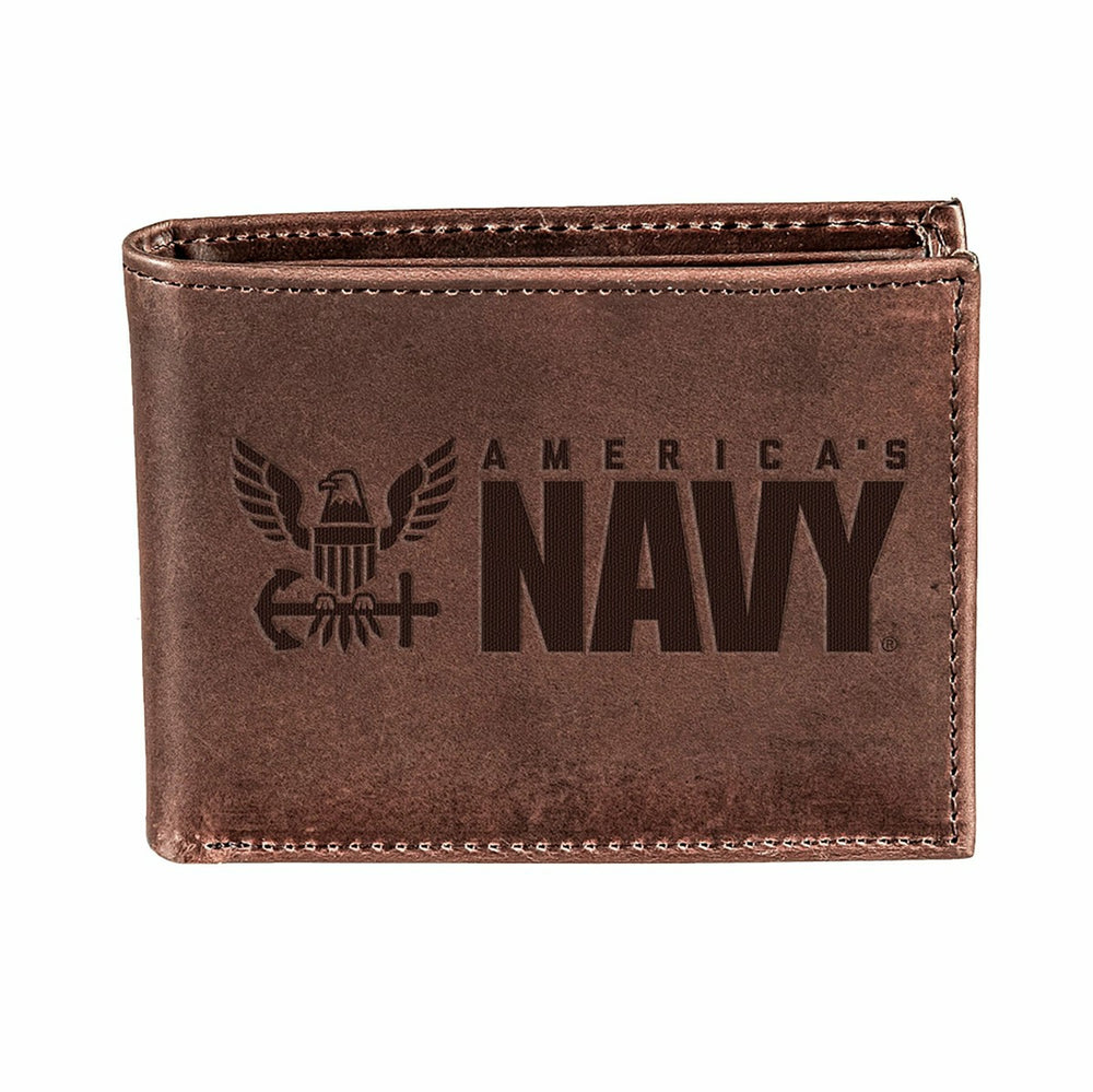 US Navy Brown Bi-Fold Wallet, 100% Genuine Leather - US Military