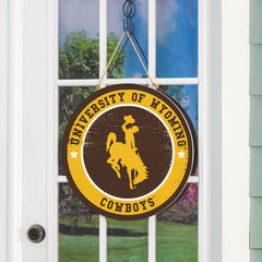 University of Wyoming Round Door Décor with Hanging Rope, 18x18 - Home
