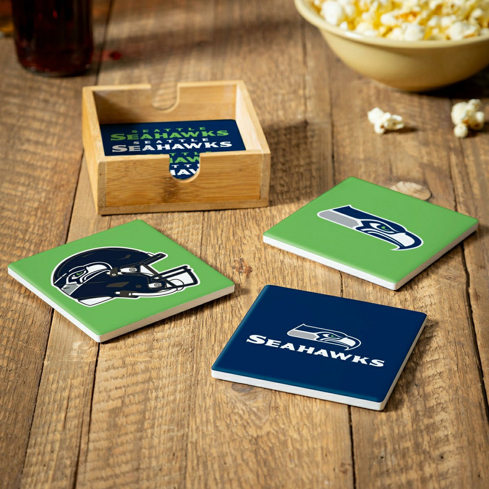 Seattle Seahawks Ceramic Coasters Set, 4pcs with Wood Caddy - NFL
