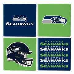 Seattle Seahawks Ceramic Coasters Set, 4pcs with Wood Caddy - NFL