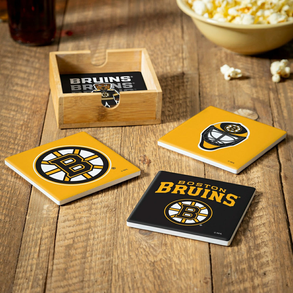 Boston Bruins Ceramic Coasters Set, 4pcs with Wood Caddy - NHL Home