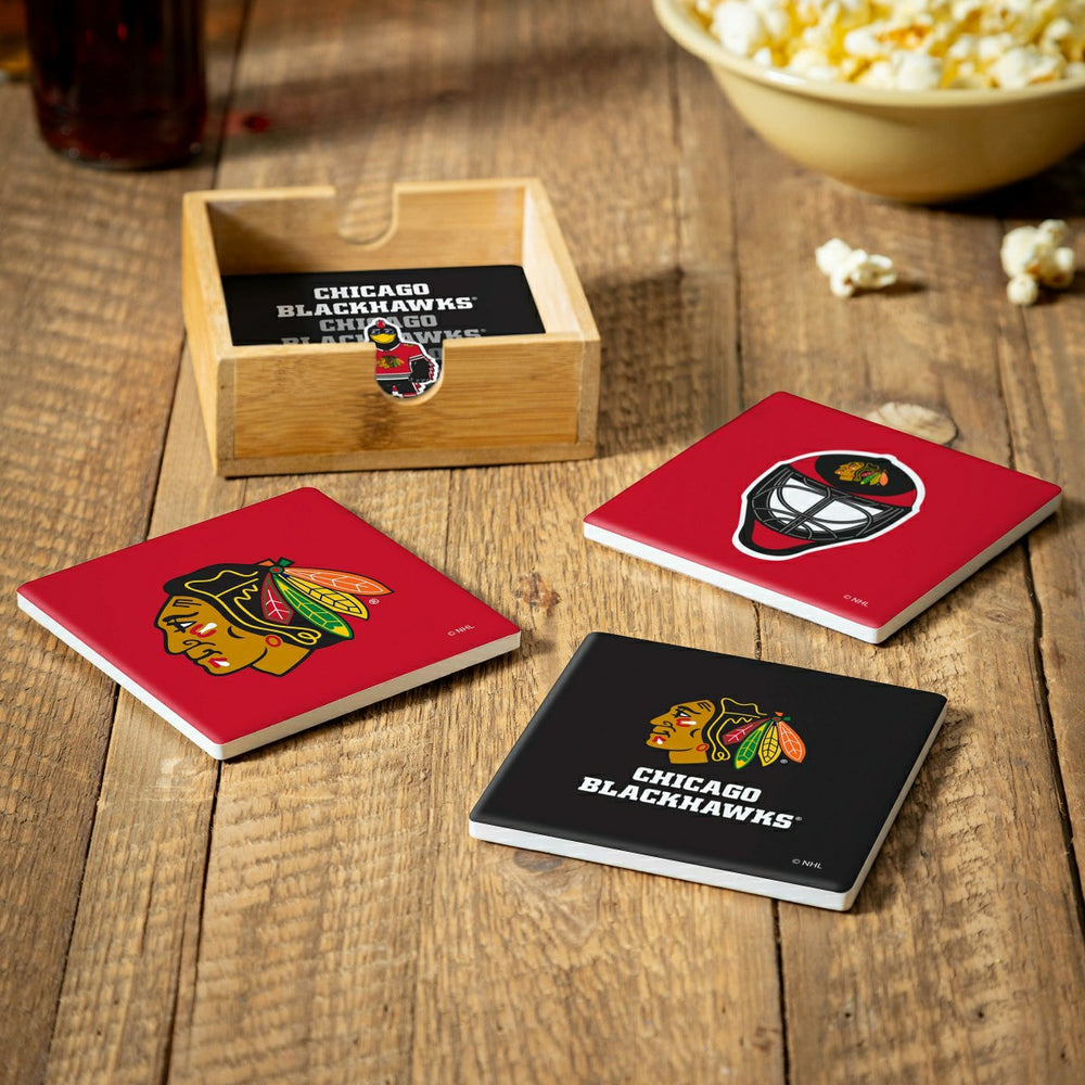 Chicago Blackhawks Ceramic Coasters Set, 4pcs with Wood Caddy - NHL Home