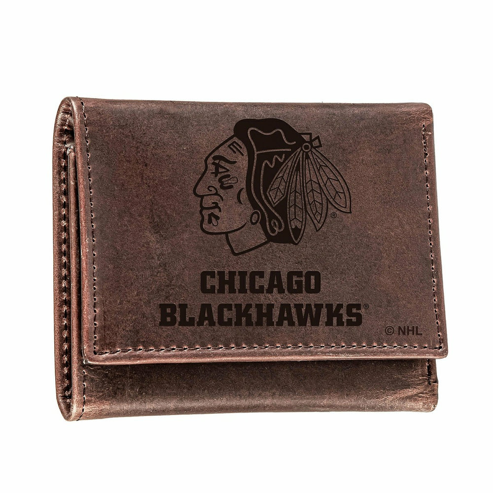 Chicago Blackhawks, Tri-Fold Wallet, Brown, CH, 100% Genuine Leather - NHL Home