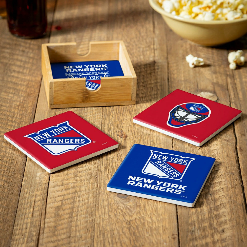New York Rangers Ceramic Coasters Set, 4pcs with Wood Caddy - NHL Home