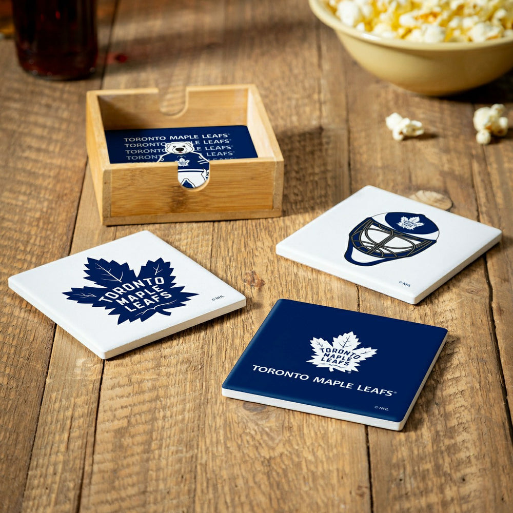 Toronto Maple Leafs Ceramic Coasters Set, 4pcs with Wood Caddy - NHL Home