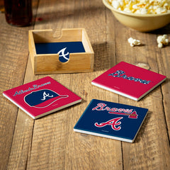 Atlanta Braves Ceramic Coasters Set, 4pcs with Wood Caddy - MLB Home