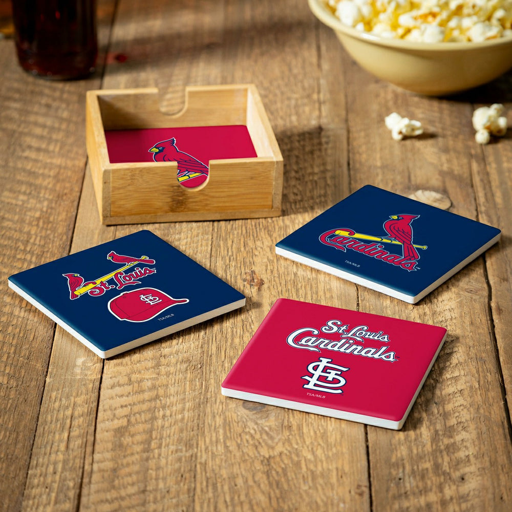St Louis Cardinals Ceramic Coasters Set, 4pcs with Wood Caddy - MLB Home