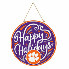 Clemson University Holiday Round Door Décor with Hanging Rope, 18x18 - Collegiate Home