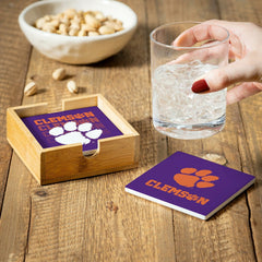 Clemson University Ceramic Coasters Set, 4pcs with Wood Caddy - Collegiate Home