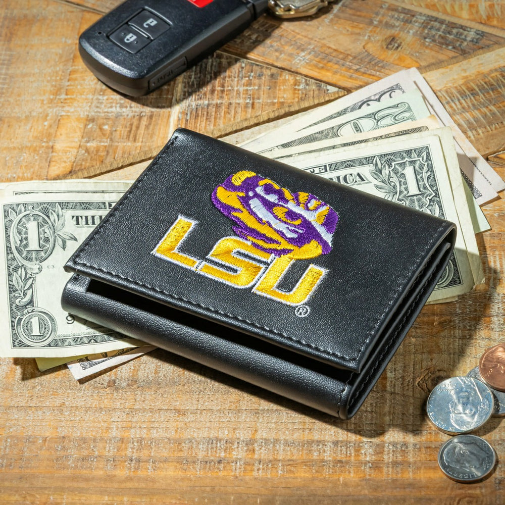 Louisiana State University Black Tri-Fold Embroidered Wallet w/ RFID Blocking - Collegiate Home