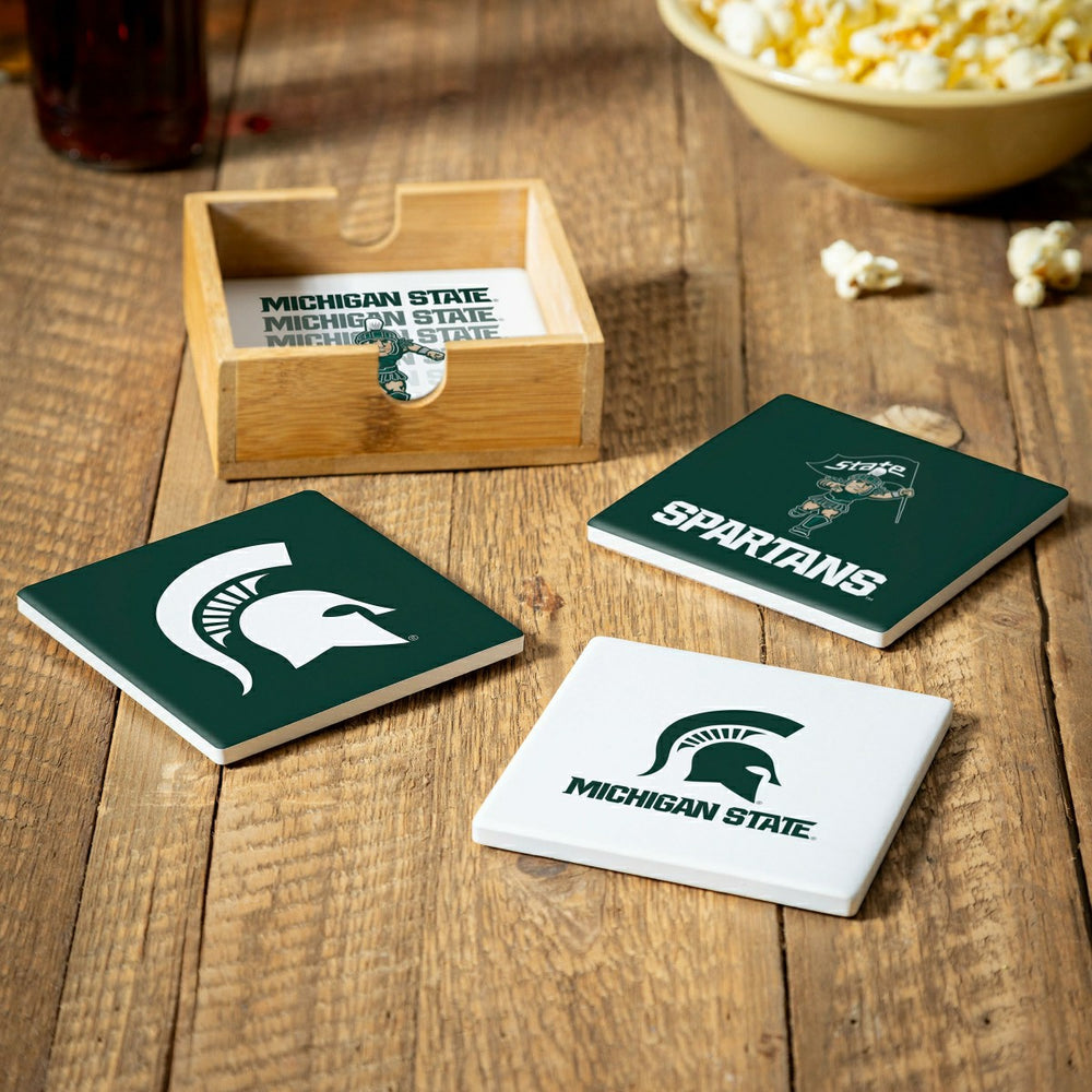 Michigan State University Ceramic Coasters Set, 4pcs with Wood Caddy - Collegiate Home