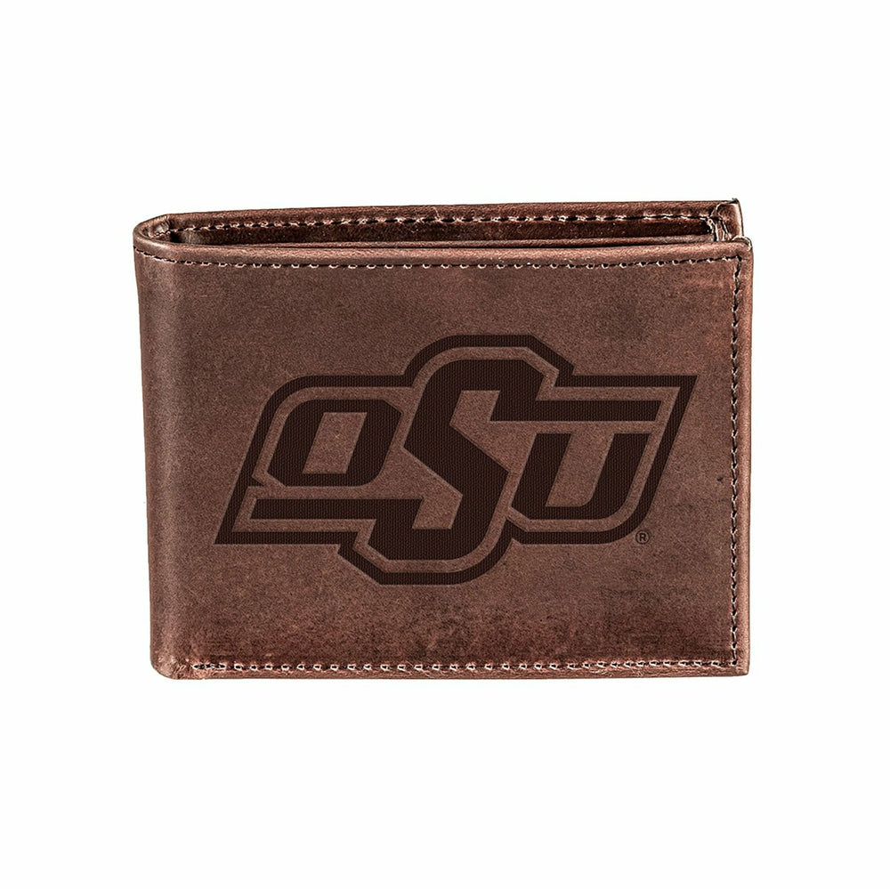 Oklahoma State University, Bi-Fold Wallet, Brown, CH, 100% Genuine Lea - Collegiate Home