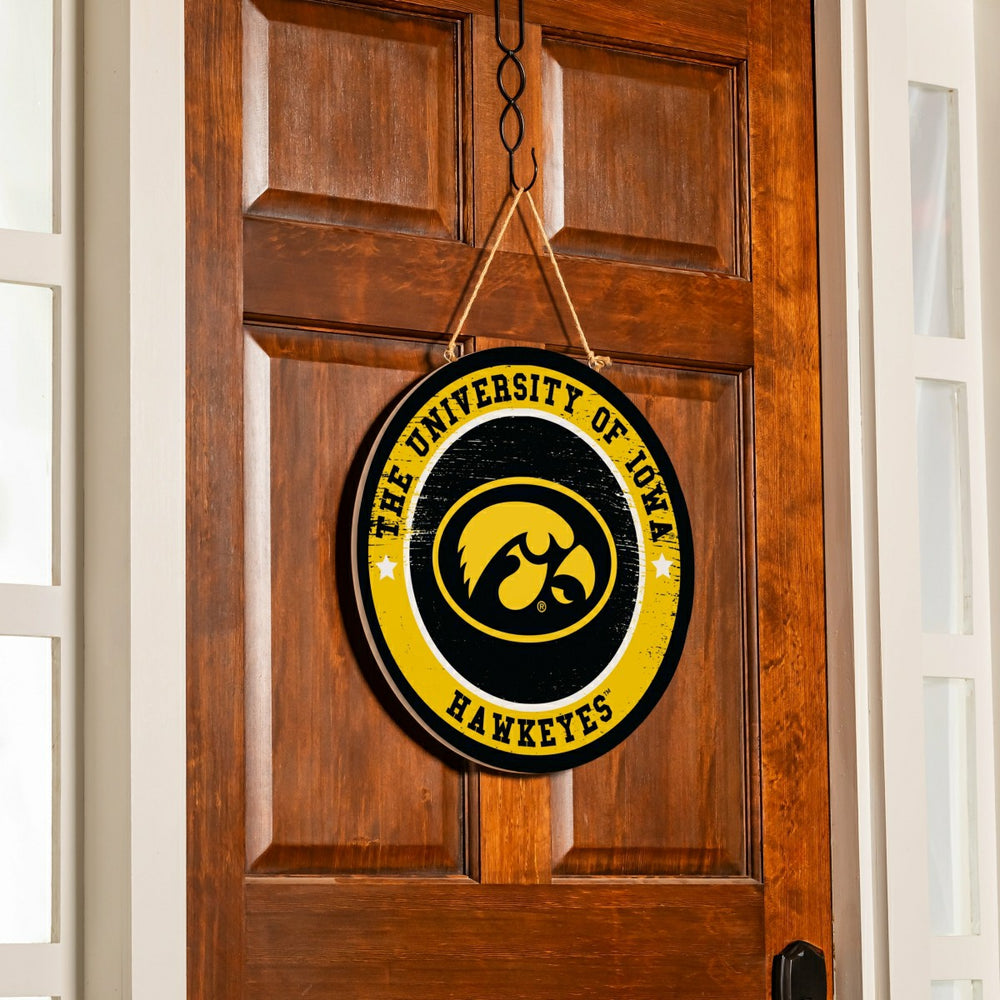 University of Iowa Round Door Décor with Hanging Rope, 18x18 - Collegiate Home