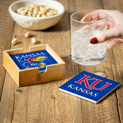 University of Kansas Ceramic Coasters Set, 4pcs with Wood Caddy - Collegiate Home