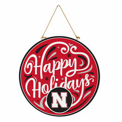 University of Nebraska Holiday Round Door Décor with Hanging Rope, 18x - Collegiate Home