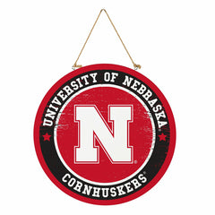 University of Nebraska Round Door Décor with Hanging Rope, 18x18 - Collegiate Home