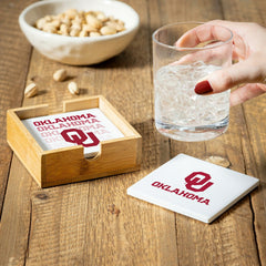 University of Oklahoma Ceramic Coasters Set, 4pcs with Wood Caddy - Collegiate Home