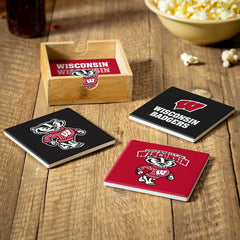 University of Wisconsin-Madison Ceramic Coasters Set, 4pcs with Wood C - Collegiate Home