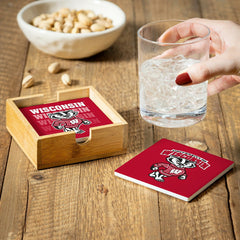 University of Wisconsin-Madison Ceramic Coasters Set, 4pcs with Wood C - Collegiate Home